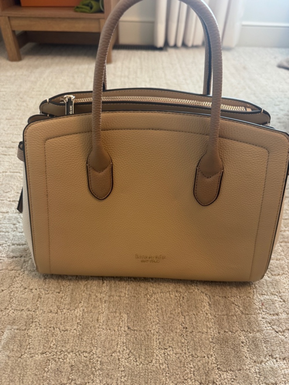 kate spade Taupe Pebbled Leather Satchel with Dual Top Handles